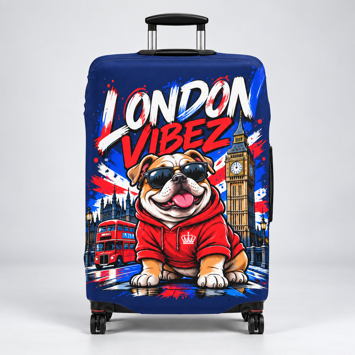 London Vibez Bulldog Luggage Cover | UK Skyline Suitcase Protector