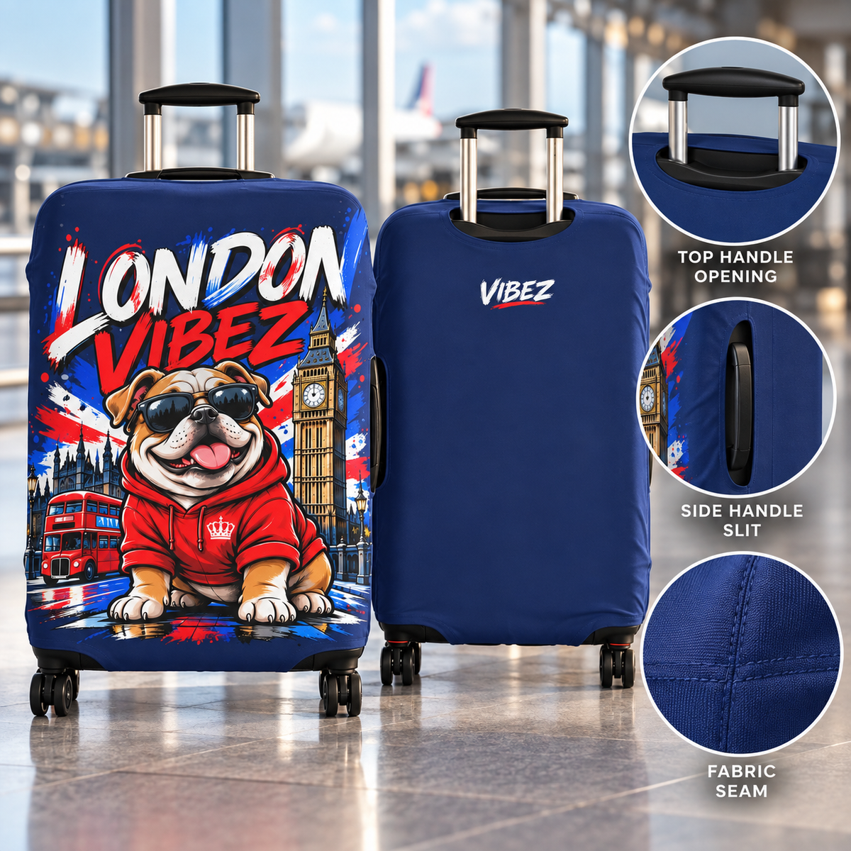 London Vibez Bulldog Luggage Cover | UK Skyline Suitcase Protector