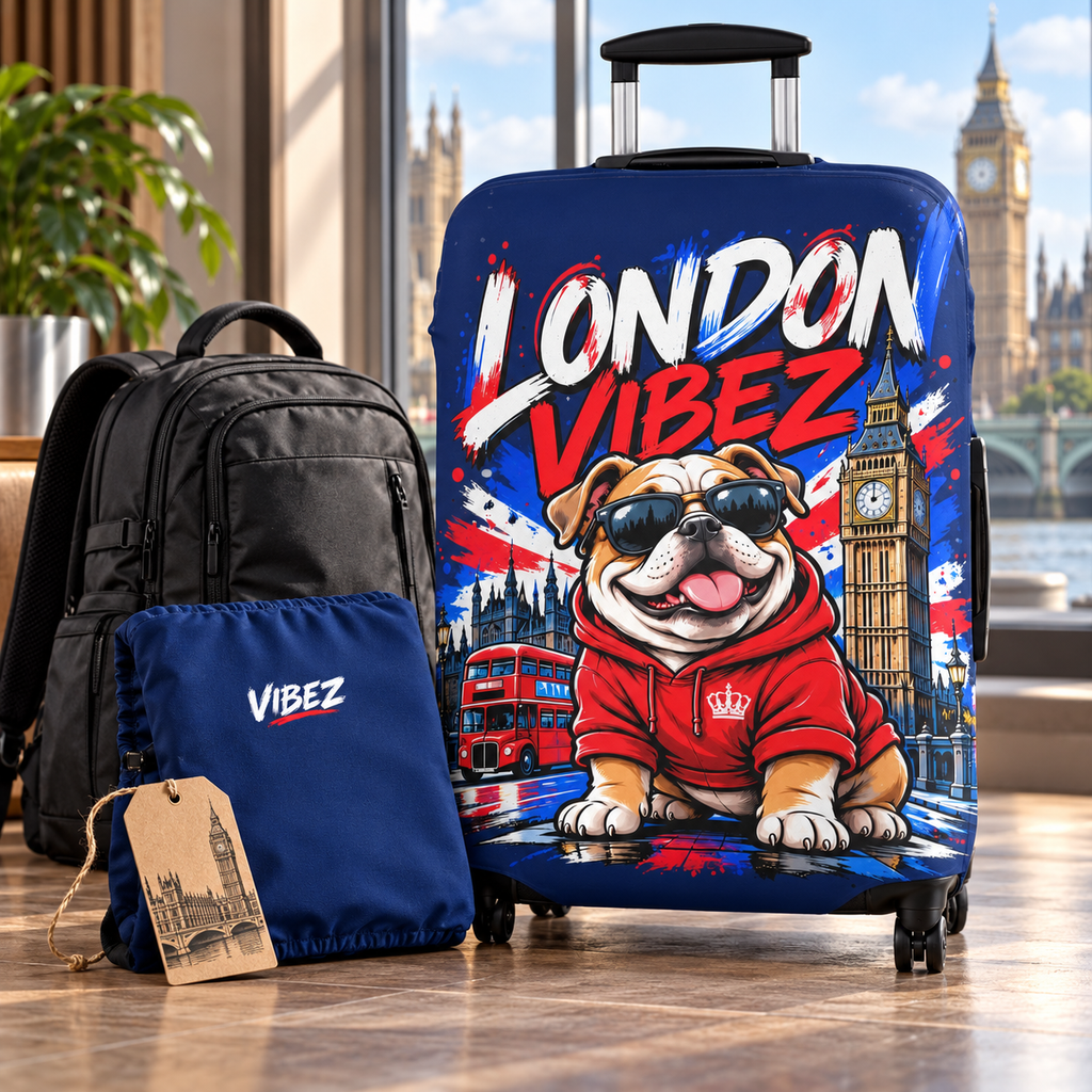 London Vibez Bulldog Luggage Cover | UK Skyline Suitcase Protector