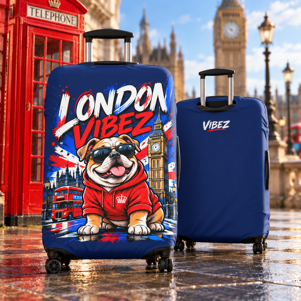 London Vibez Bulldog Luggage Cover | UK Skyline Suitcase Protector