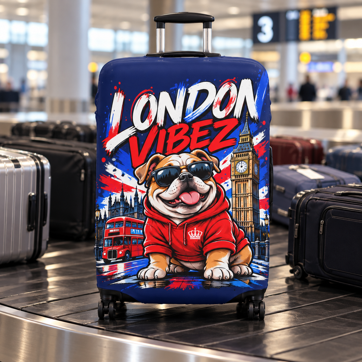 London Vibez Bulldog Luggage Cover | UK Skyline Suitcase Protector