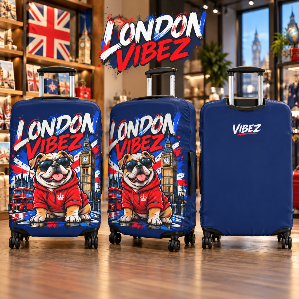 London Vibez Bulldog Luggage Cover | UK Skyline Suitcase Protector