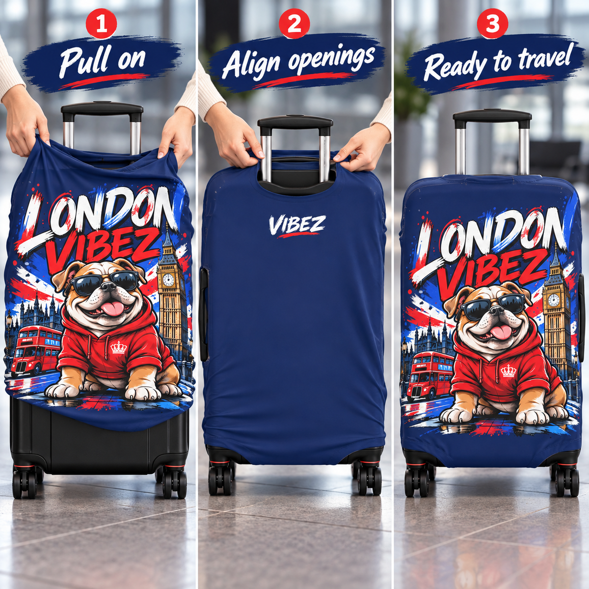 London Vibez Bulldog Luggage Cover | UK Skyline Suitcase Protector