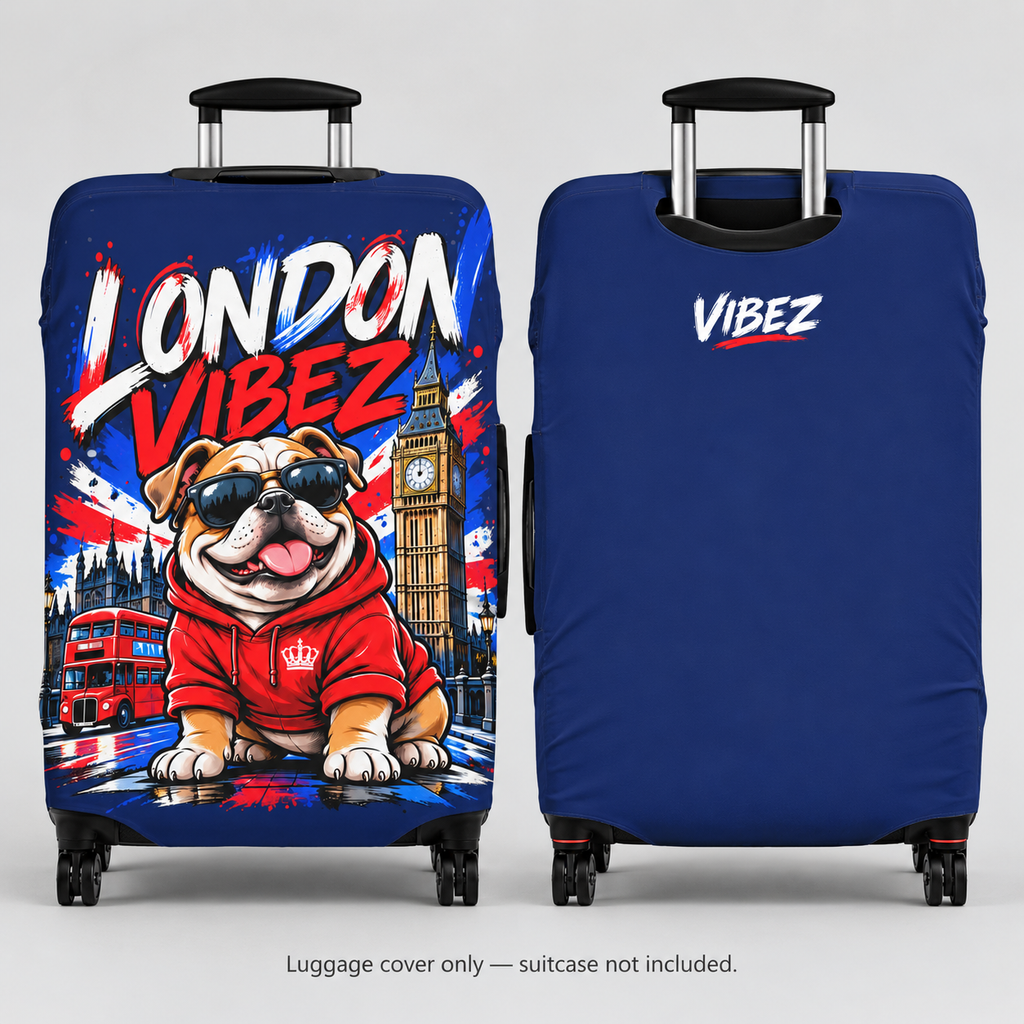 London Vibez Bulldog Luggage Cover | UK Skyline Suitcase Protector