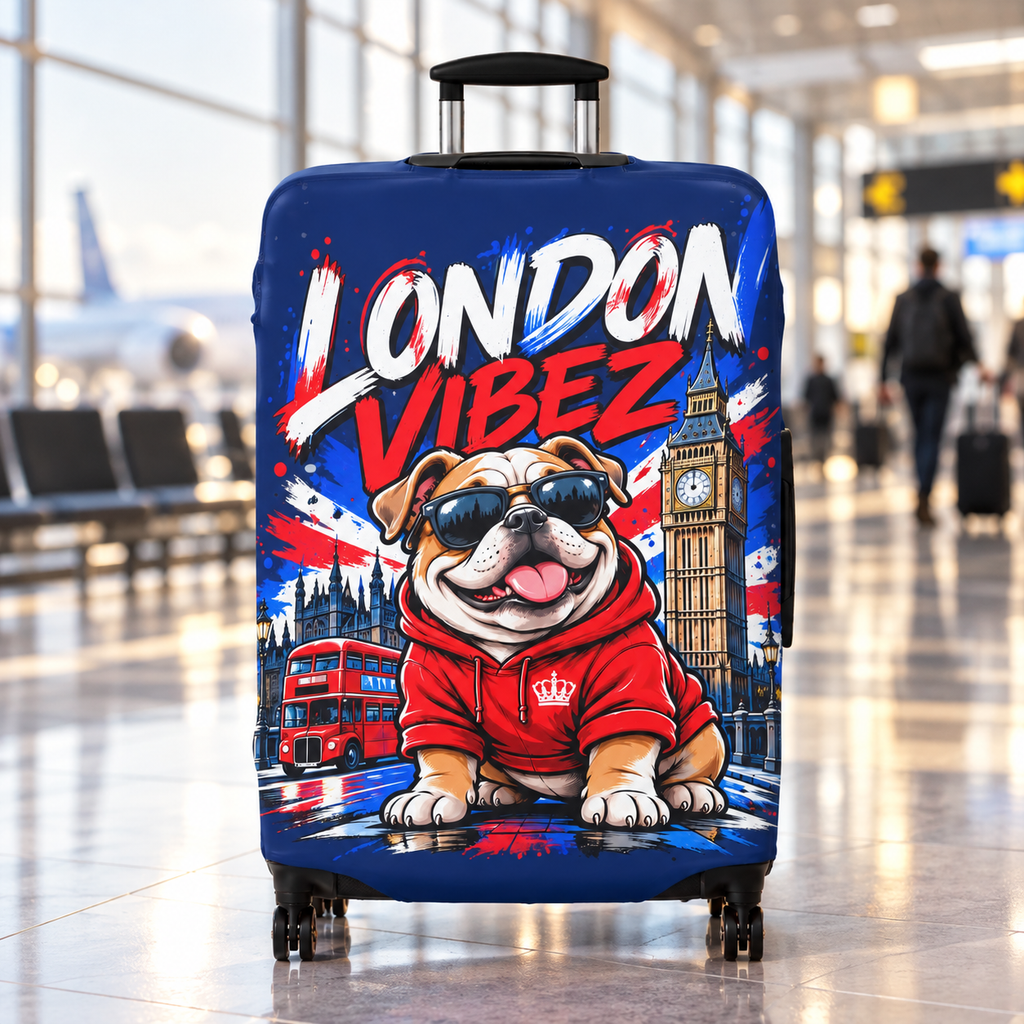 London Vibez Bulldog Luggage Cover | UK Skyline Suitcase Protector