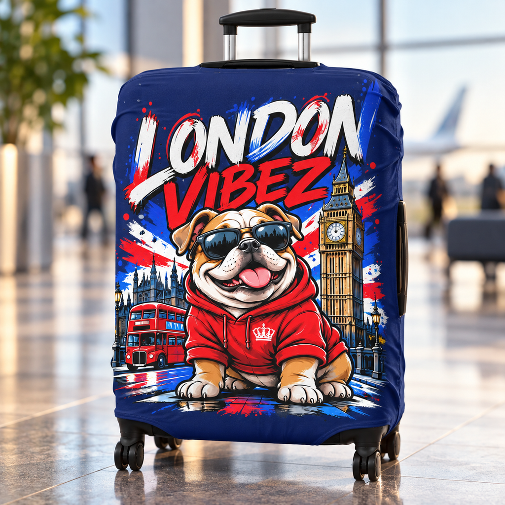 London Vibez Bulldog Luggage Cover | UK Skyline Suitcase Protector