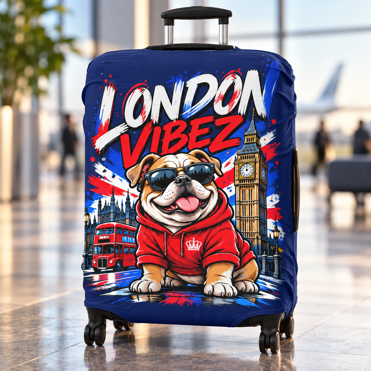 London Vibez Bulldog Luggage Cover | UK Skyline Suitcase Protector