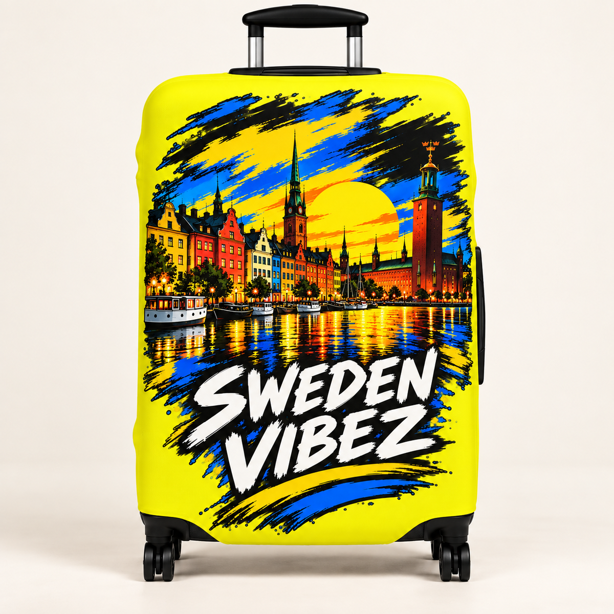 Sweden Vibez luggage cover | Stockholm skyline travel protector