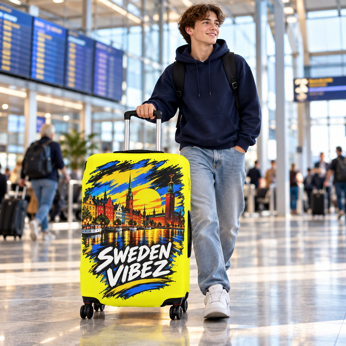Sweden Vibez luggage cover | Stockholm skyline travel protector