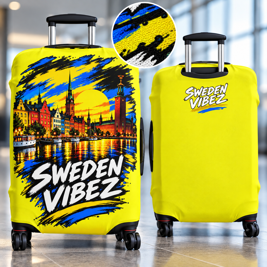 Sweden Vibez luggage cover | Stockholm skyline travel protector