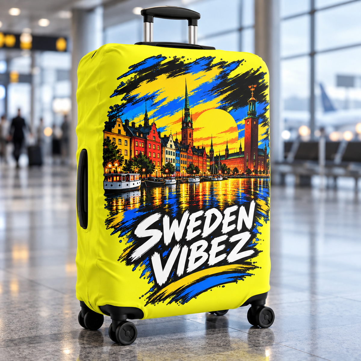 Sweden Vibez luggage cover | Stockholm skyline travel protector