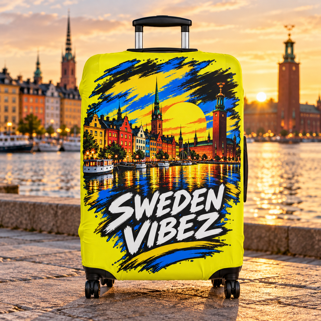 Sweden Vibez luggage cover | Stockholm skyline travel protector