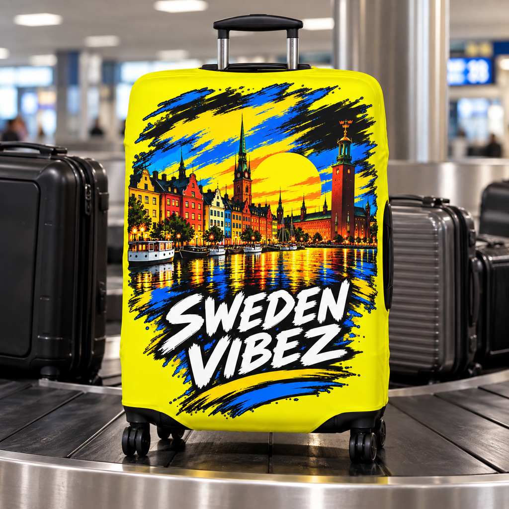 Sweden Vibez luggage cover | Stockholm skyline travel protector