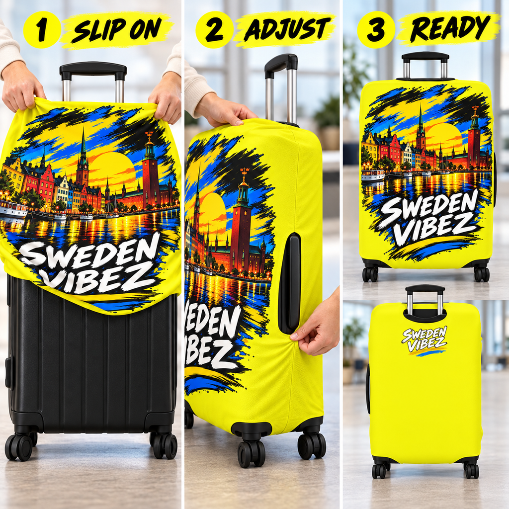 Sweden Vibez luggage cover | Stockholm skyline travel protector