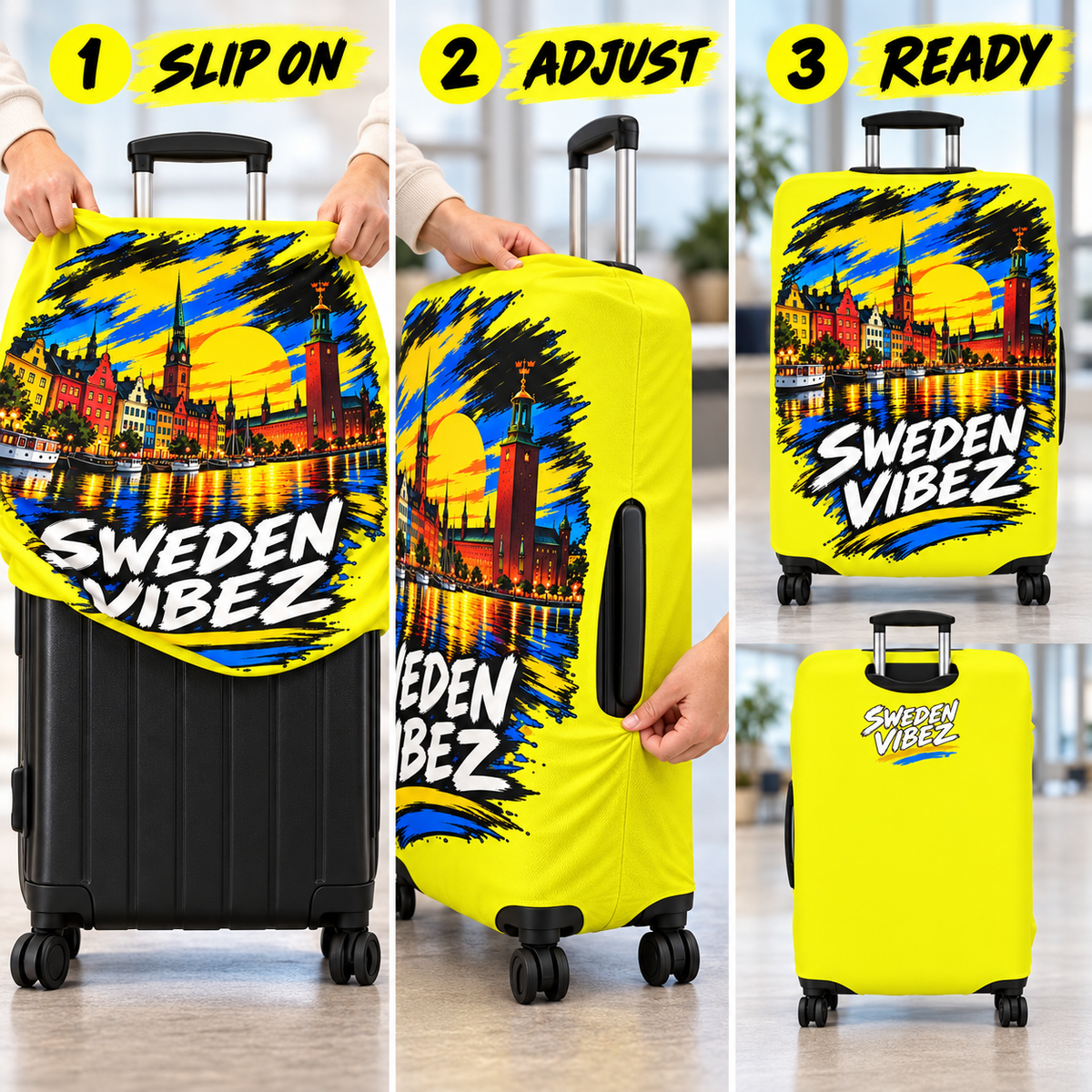 Sweden Vibez luggage cover | Stockholm skyline travel protector