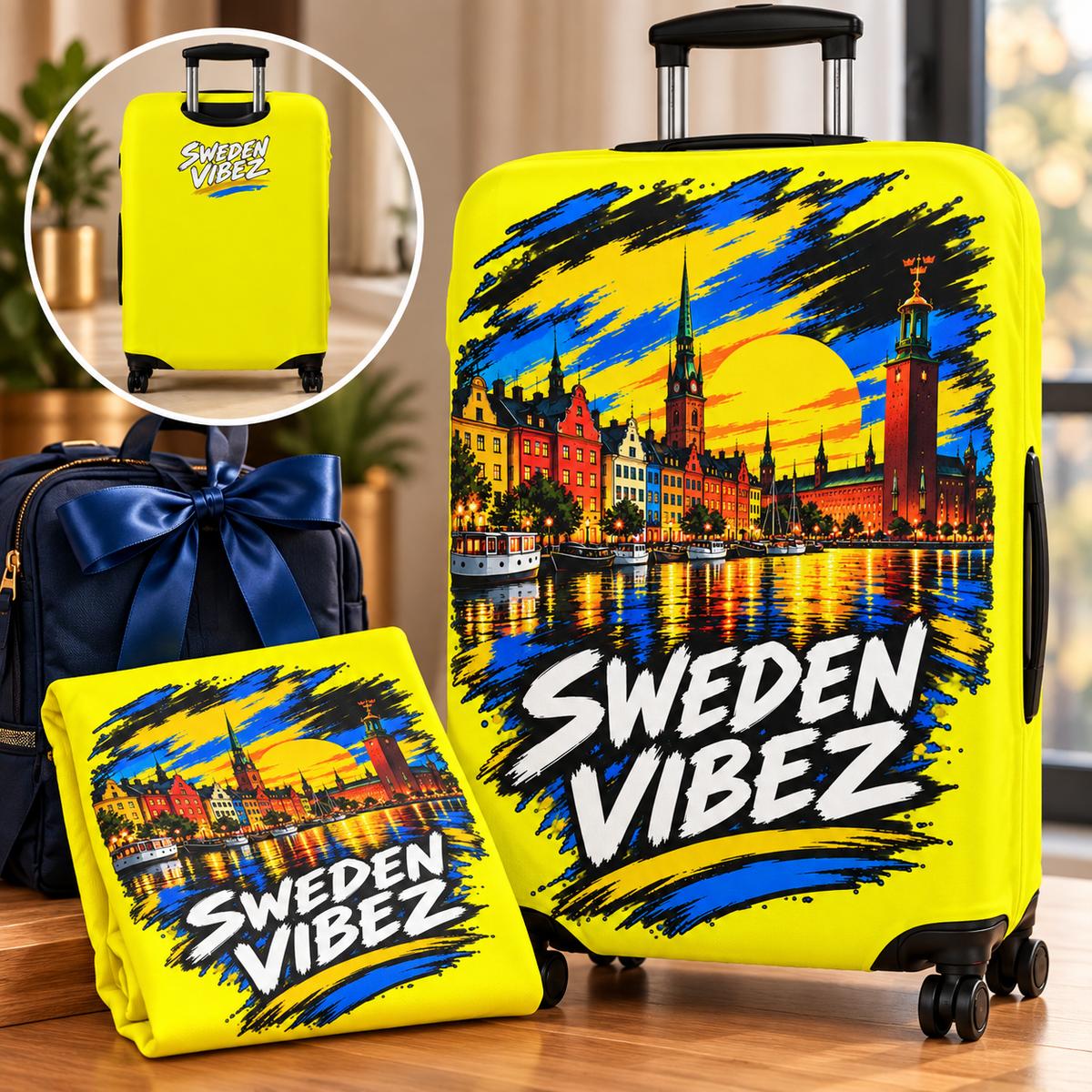 Sweden Vibez luggage cover | Stockholm skyline travel protector