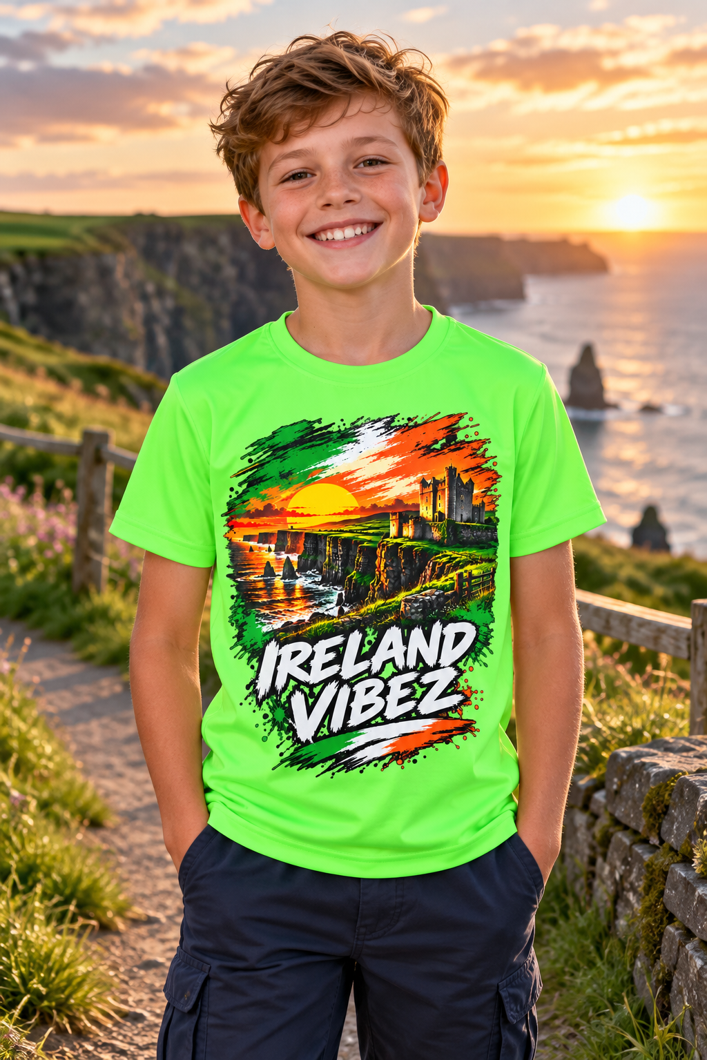 Ireland Vibez Kids Jersey | Irish Cliffs Sunset Graphic