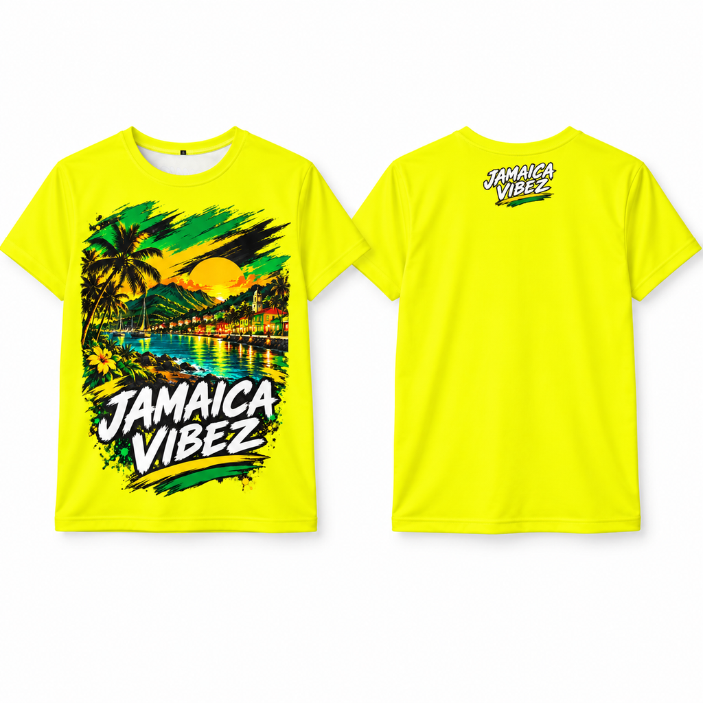 Jamaica Vibez Sunset Beach Scene Kids Jersey | Neon Yellow