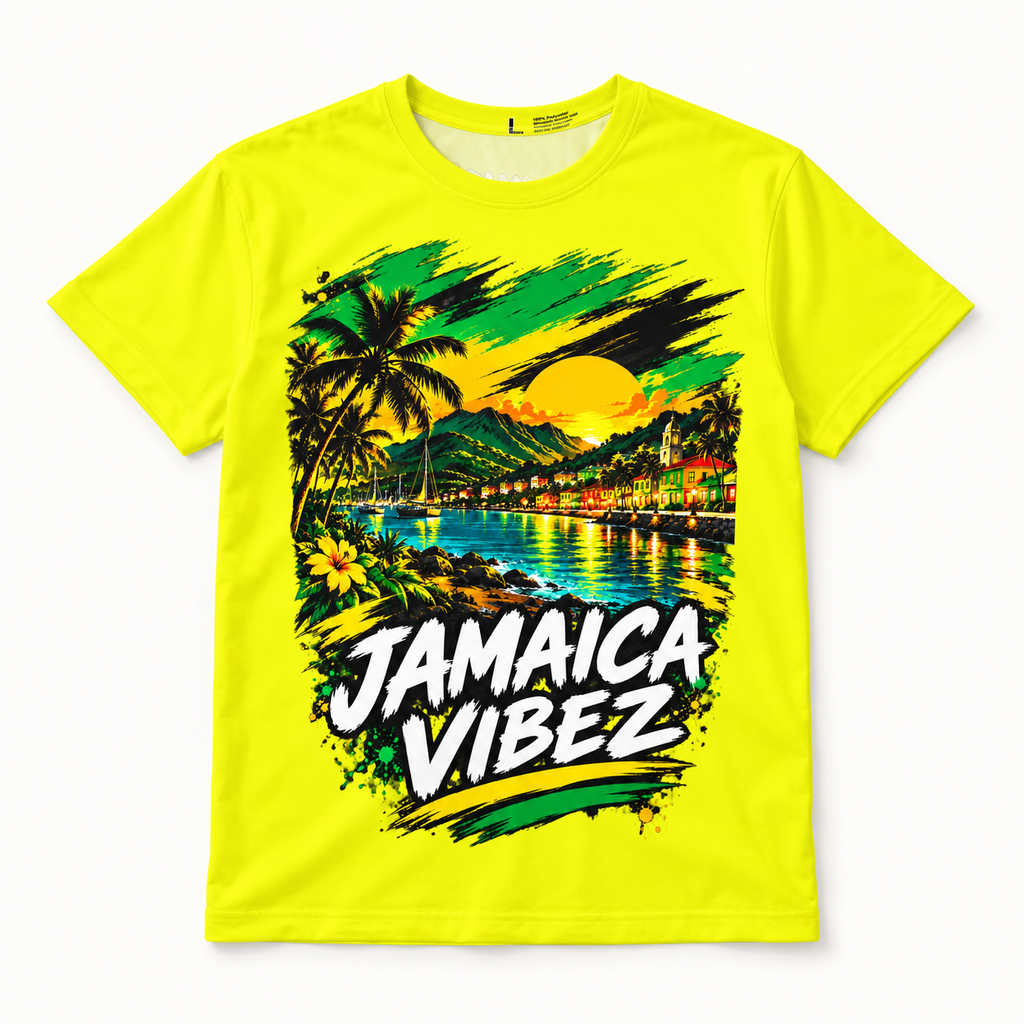 Jamaica Vibez Sunset Beach Scene Kids Jersey | Neon Yellow