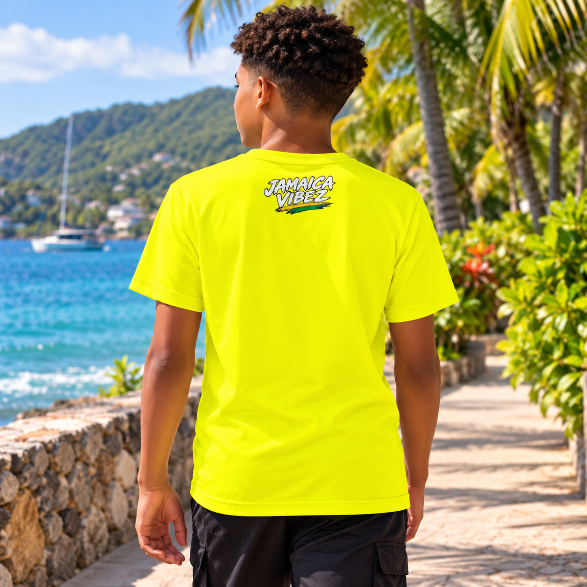 Jamaica Vibez Sunset Beach Scene Kids Jersey | Neon Yellow