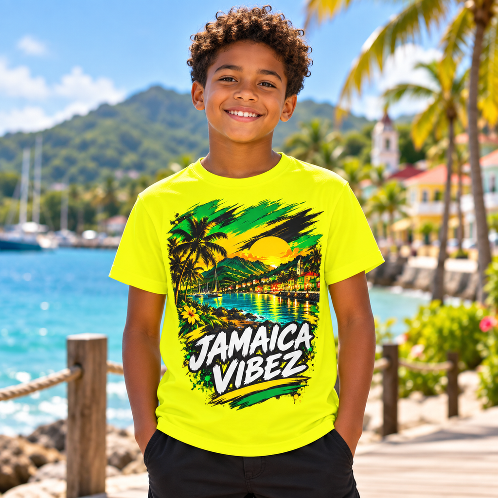 Jamaica Vibez Sunset Beach Scene Kids Jersey | Neon Yellow