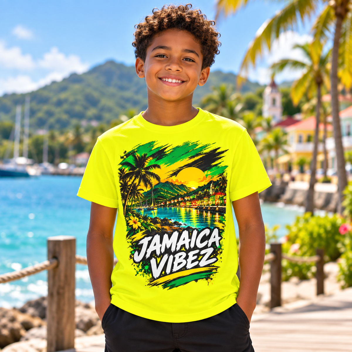 Jamaica Vibez Sunset Beach Scene Kids Jersey | Neon Yellow