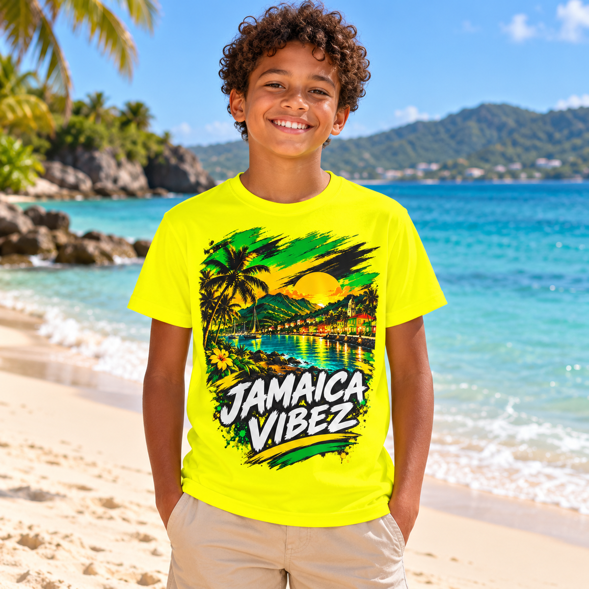 Jamaica Vibez Sunset Beach Scene Kids Jersey | Neon Yellow