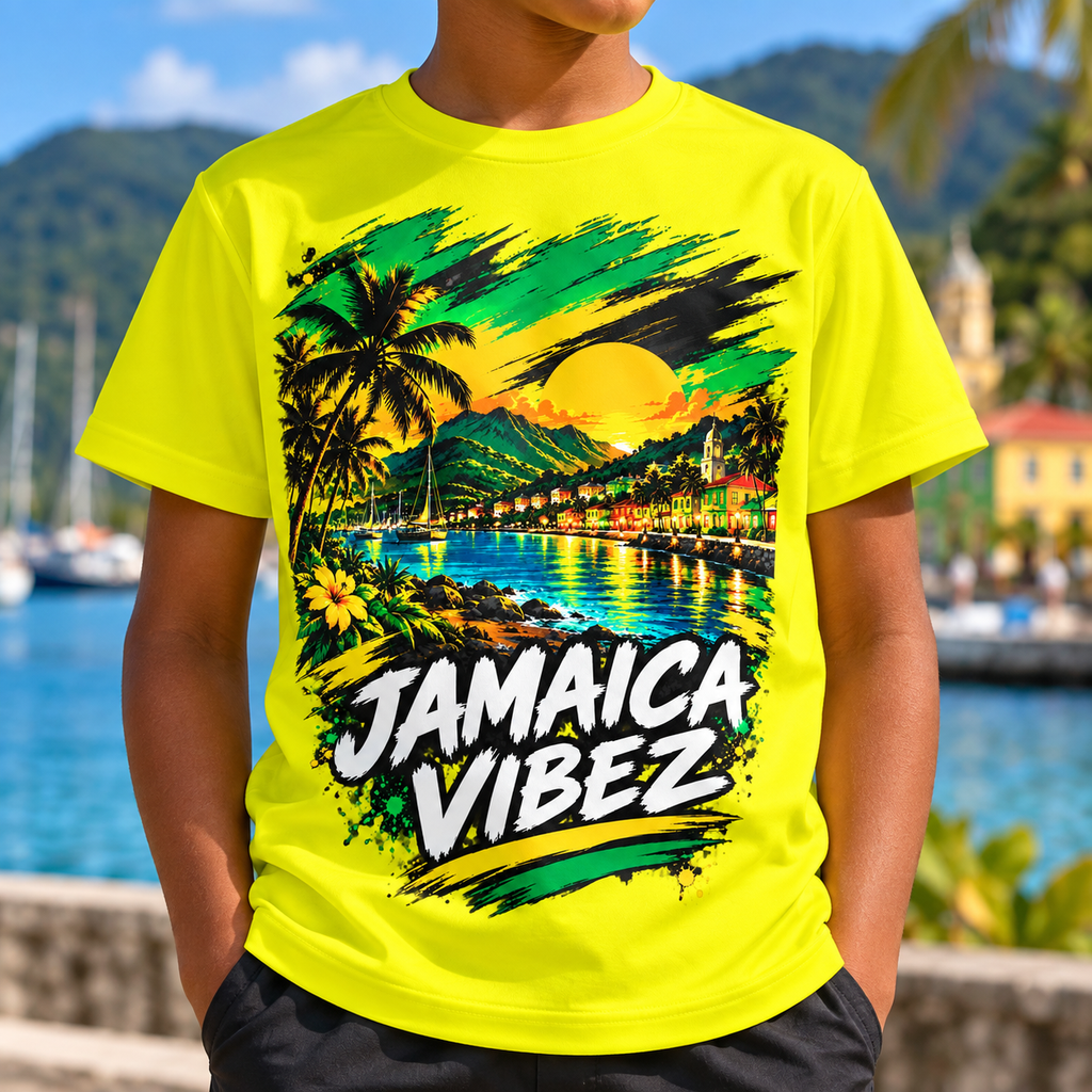 Jamaica Vibez Sunset Beach Scene Kids Jersey | Neon Yellow