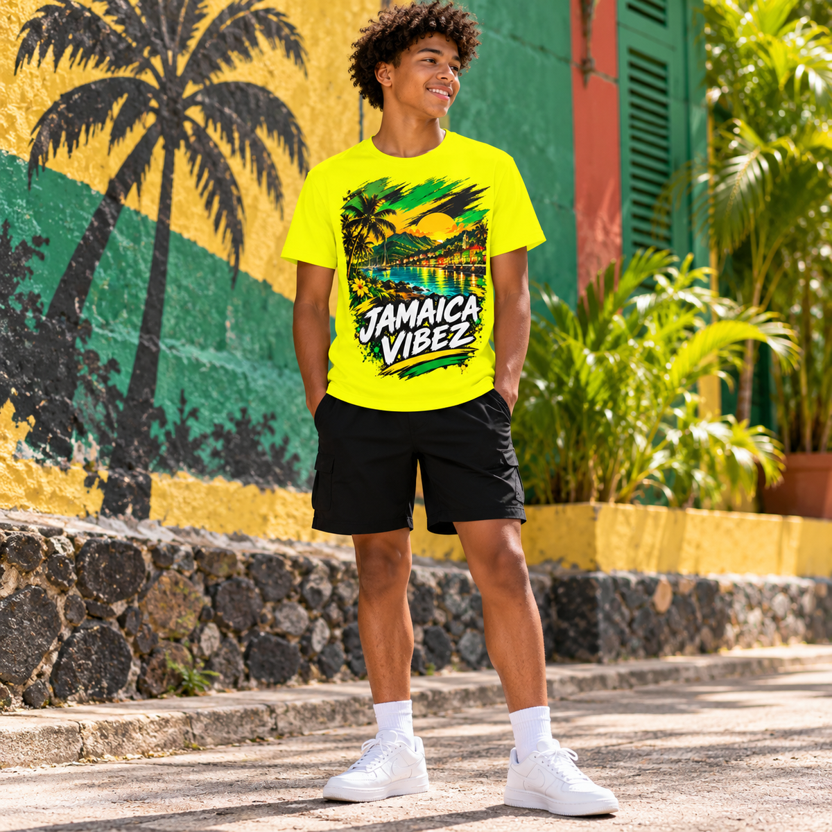 Jamaica Vibez Sunset Beach Scene Kids Jersey | Neon Yellow