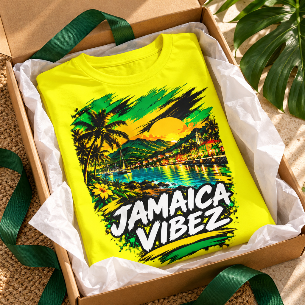Jamaica Vibez Sunset Beach Scene Kids Jersey | Neon Yellow