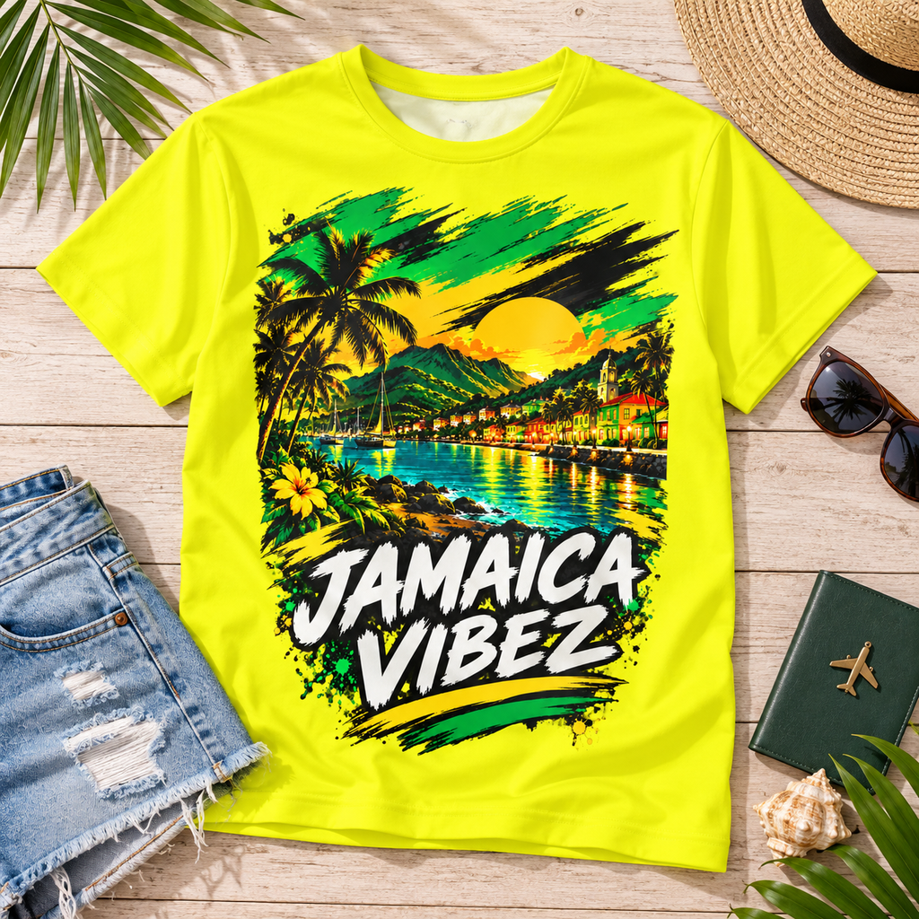 Jamaica Vibez Sunset Beach Scene Kids Jersey | Neon Yellow