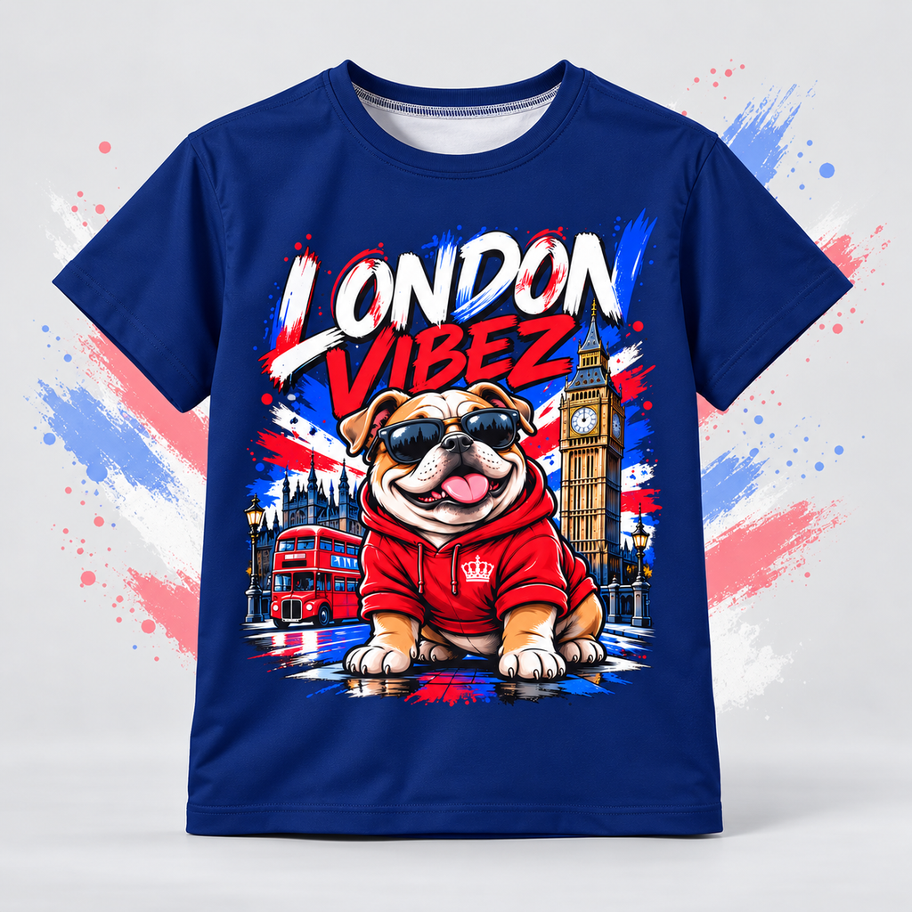 London Vibez Bulldog Graphic Kids Jersey | Union Jack, Big Ben