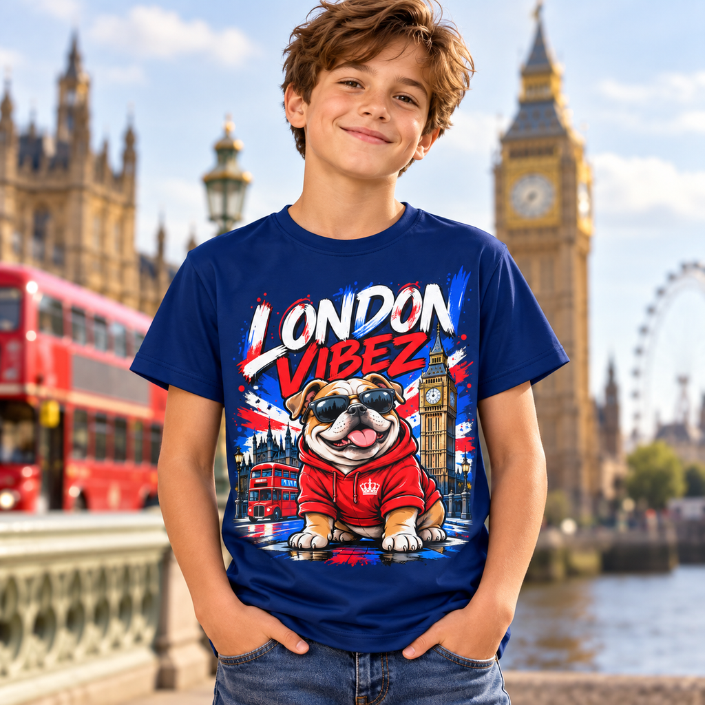 London Vibez Bulldog Graphic Kids Jersey | Union Jack, Big Ben