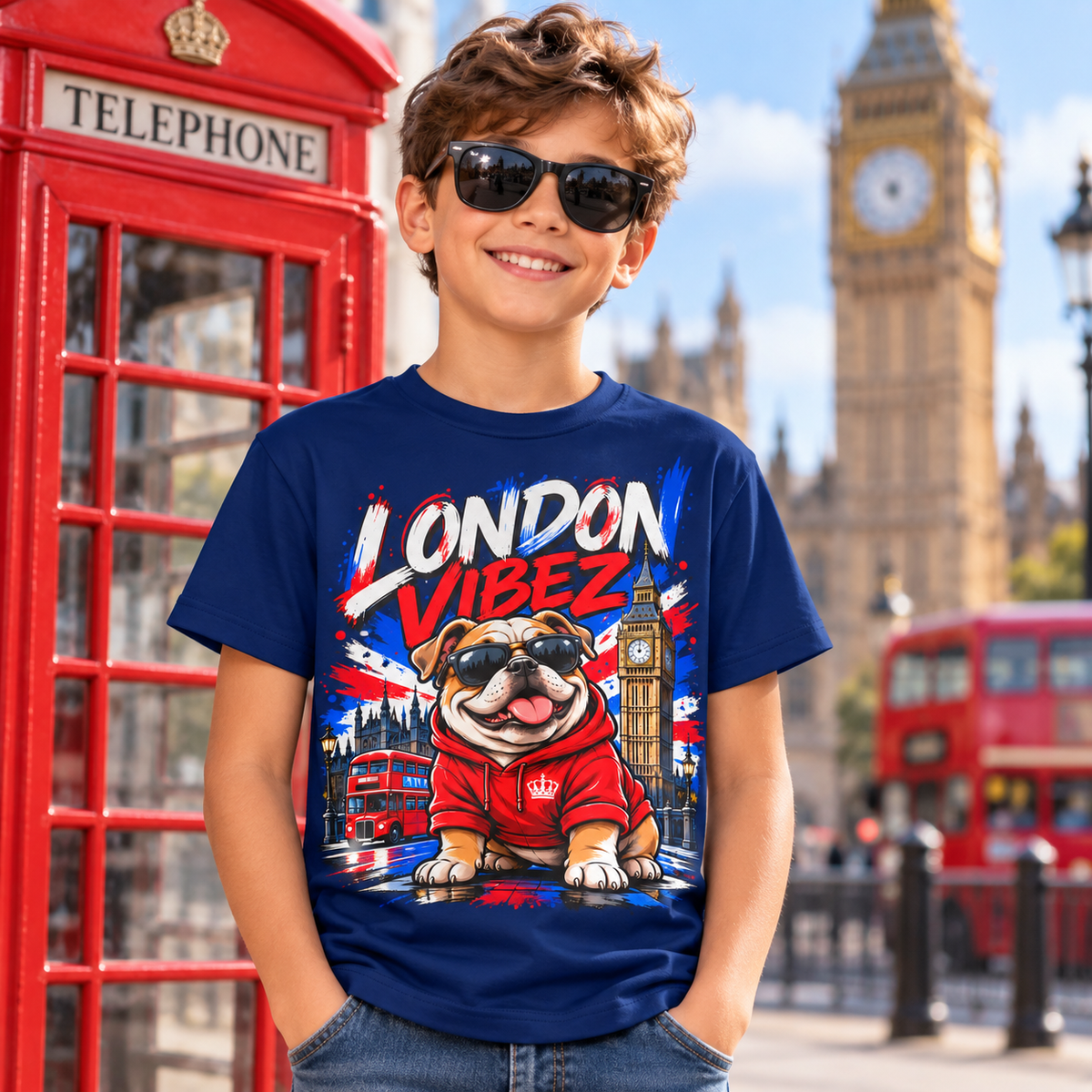 London Vibez Bulldog Graphic Kids Jersey | Union Jack, Big Ben