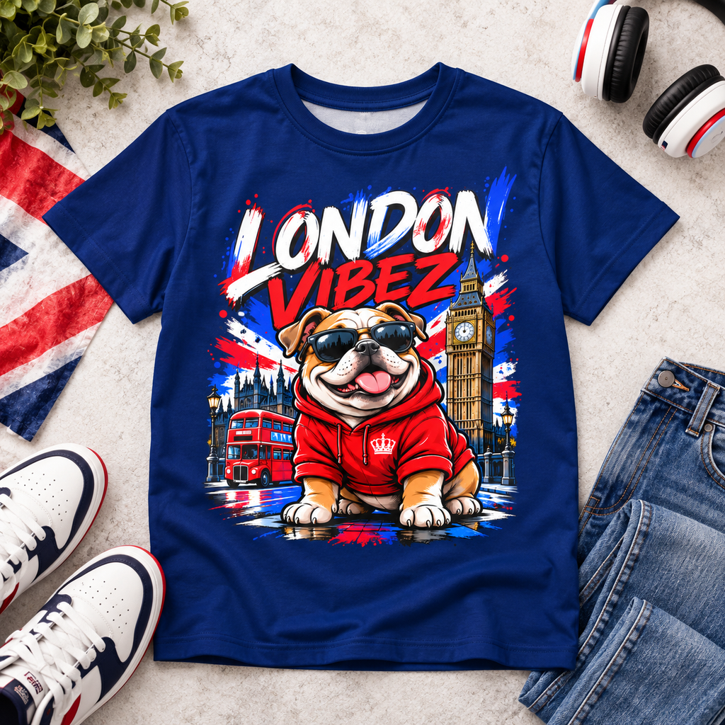 London Vibez Bulldog Graphic Kids Jersey | Union Jack, Big Ben