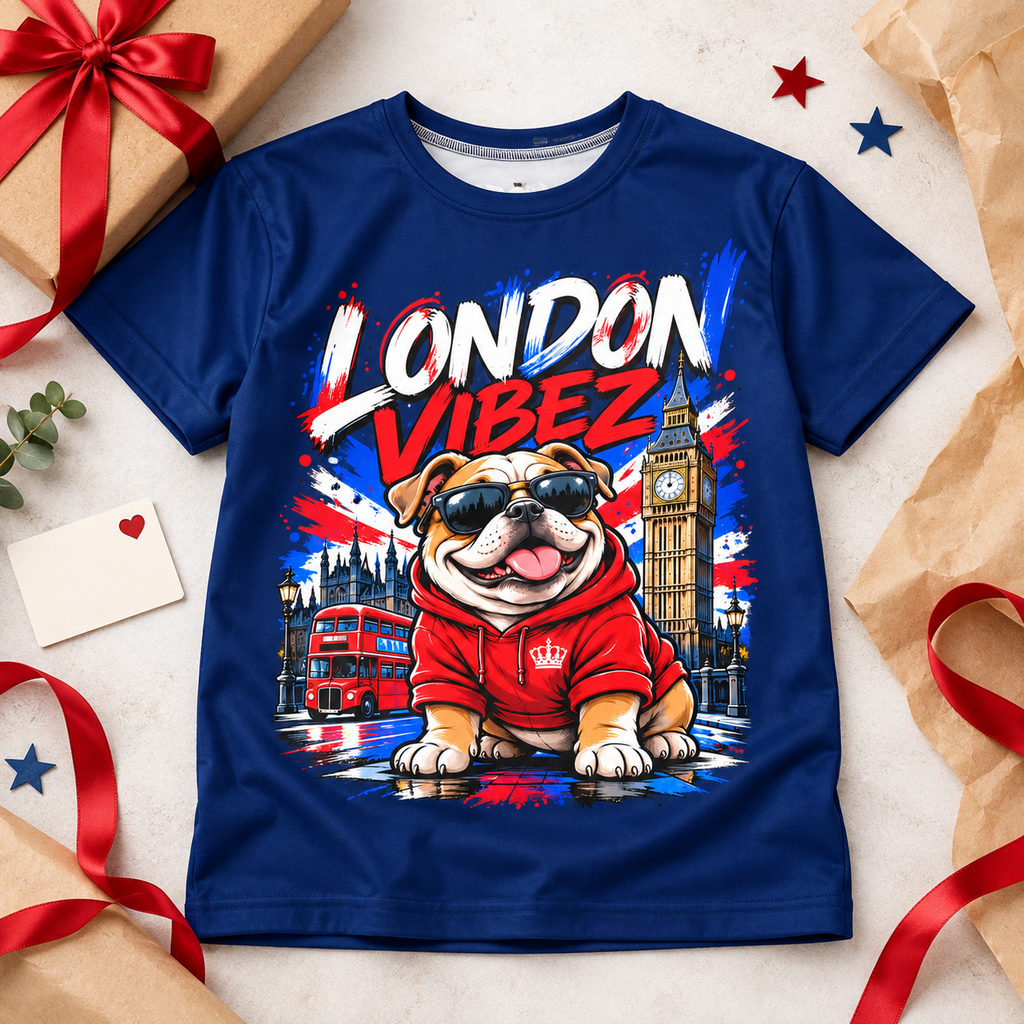 London Vibez Bulldog Graphic Kids Jersey | Union Jack, Big Ben