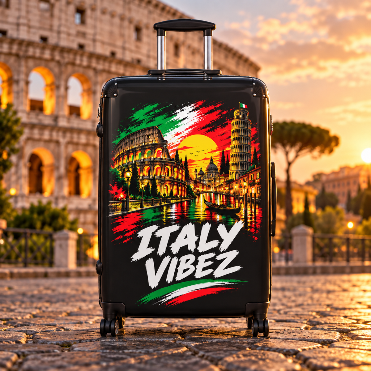 Italy Vibez Hard Shell Suitcase, Italian Flag & Landmark Spinner Luggage, Rome Venice Pisa Design, Travel Gift
