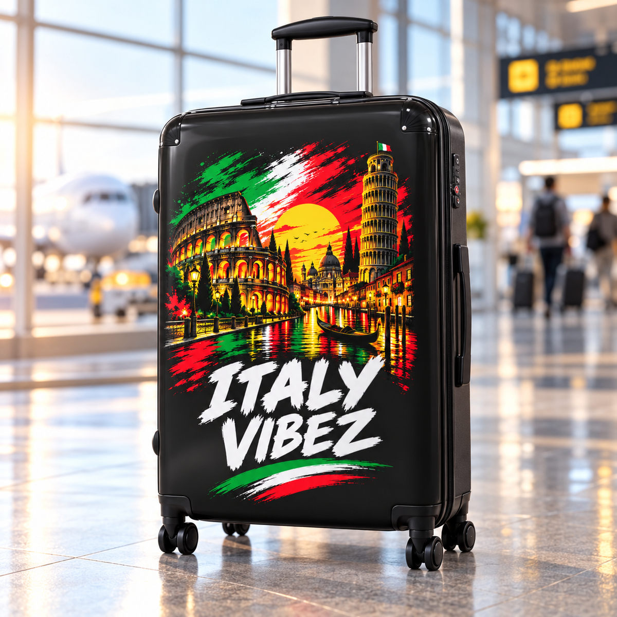 Italy Vibez Hard Shell Suitcase, Italian Flag & Landmark Spinner Luggage, Rome Venice Pisa Design, Travel Gift