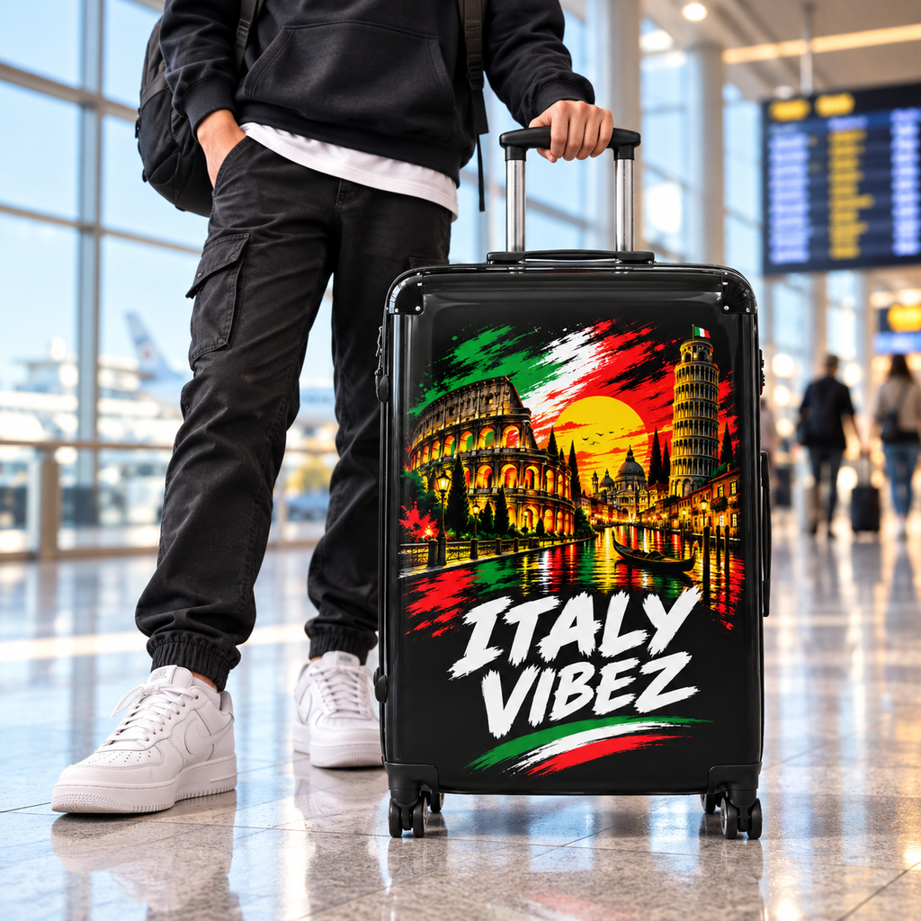 Italy Vibez Hard Shell Suitcase, Italian Flag & Landmark Spinner Luggage, Rome Venice Pisa Design, Travel Gift