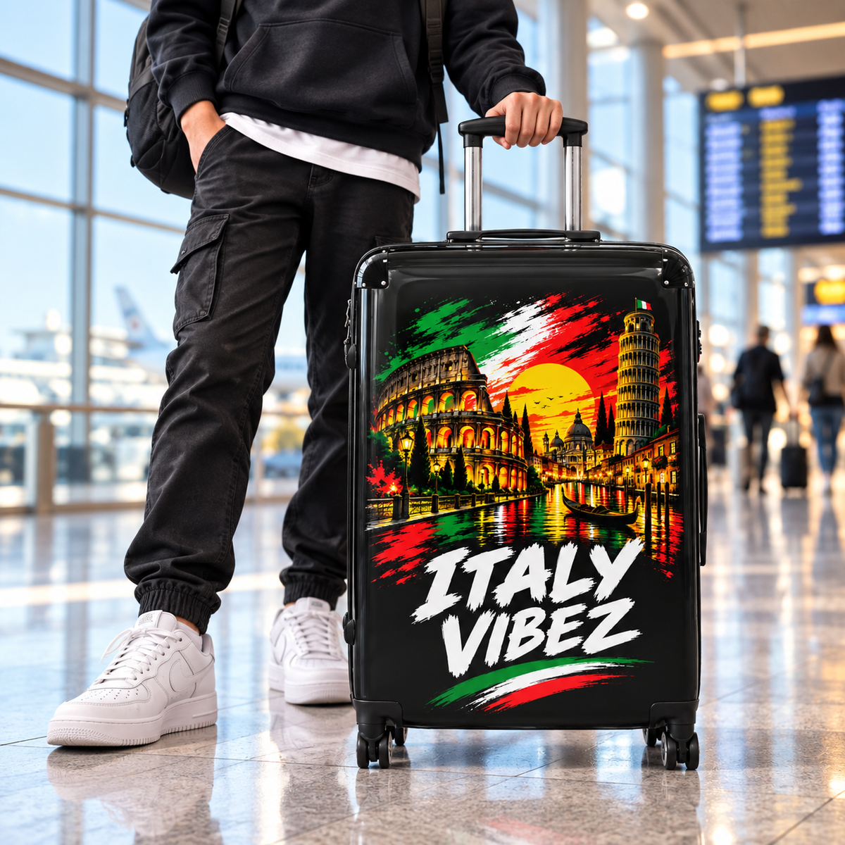 Italy Vibez Hard Shell Suitcase, Italian Flag & Landmark Spinner Luggage, Rome Venice Pisa Design, Travel Gift