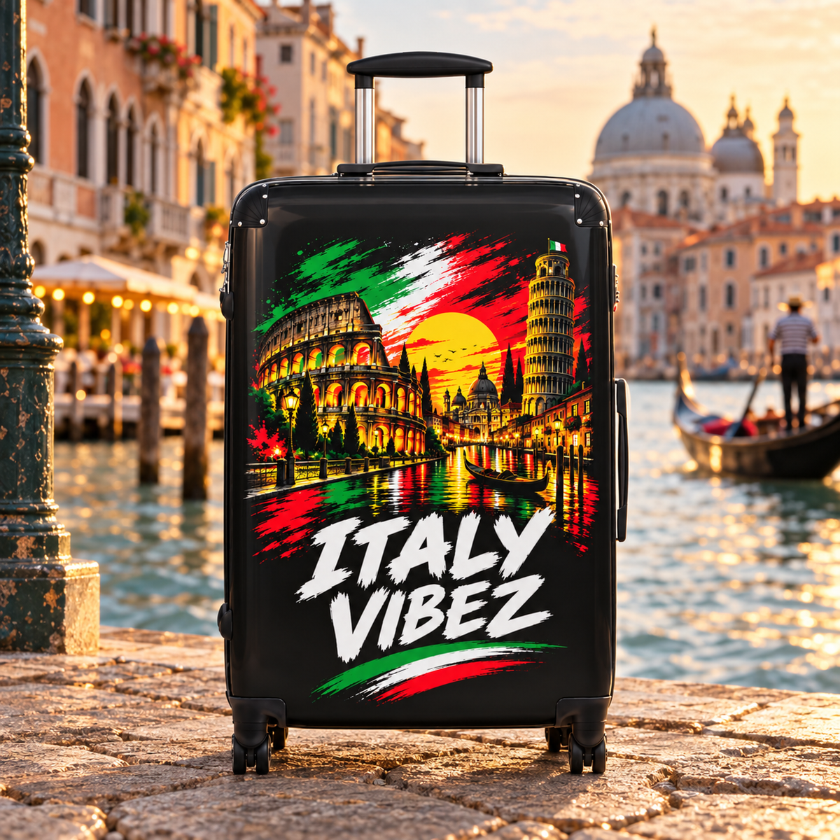 Italy Vibez Hard Shell Suitcase, Italian Flag & Landmark Spinner Luggage, Rome Venice Pisa Design, Travel Gift