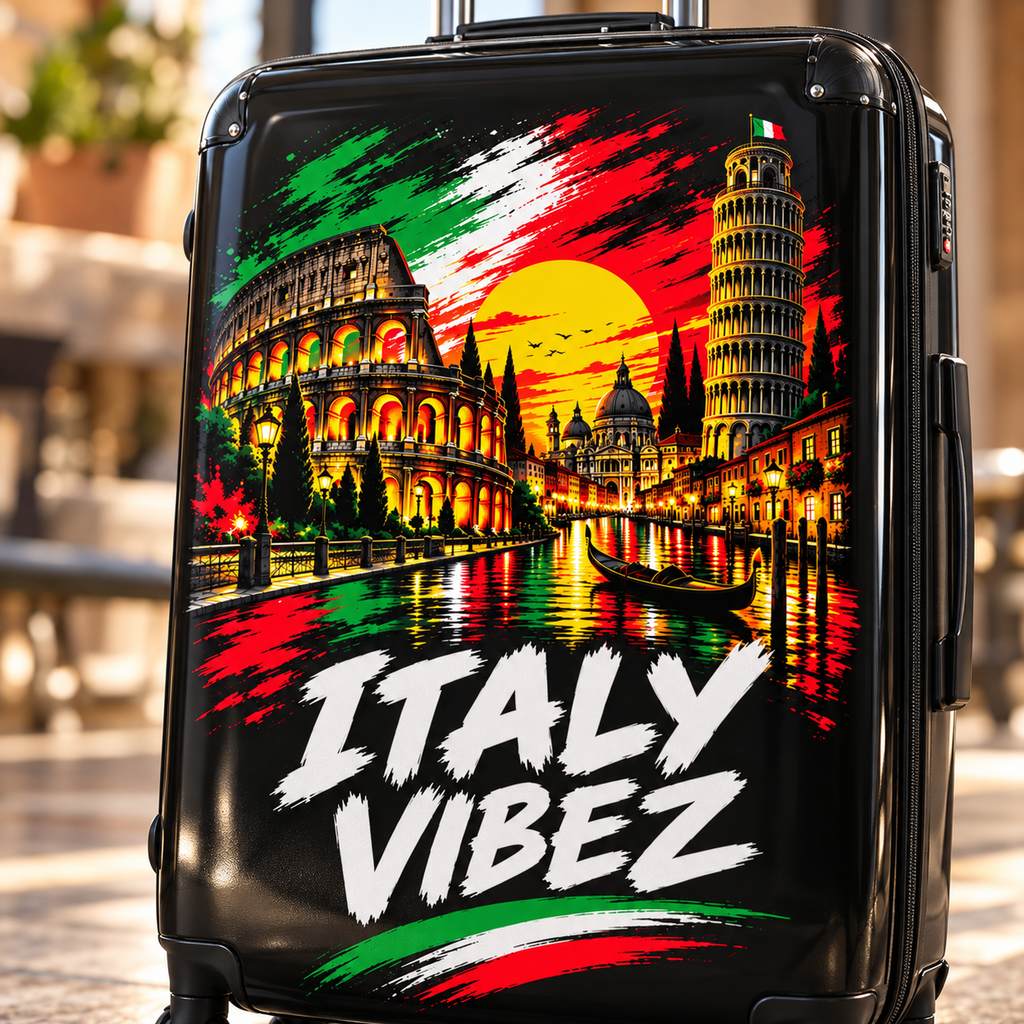 Italy Vibez Hard Shell Suitcase, Italian Flag & Landmark Spinner Luggage, Rome Venice Pisa Design, Travel Gift