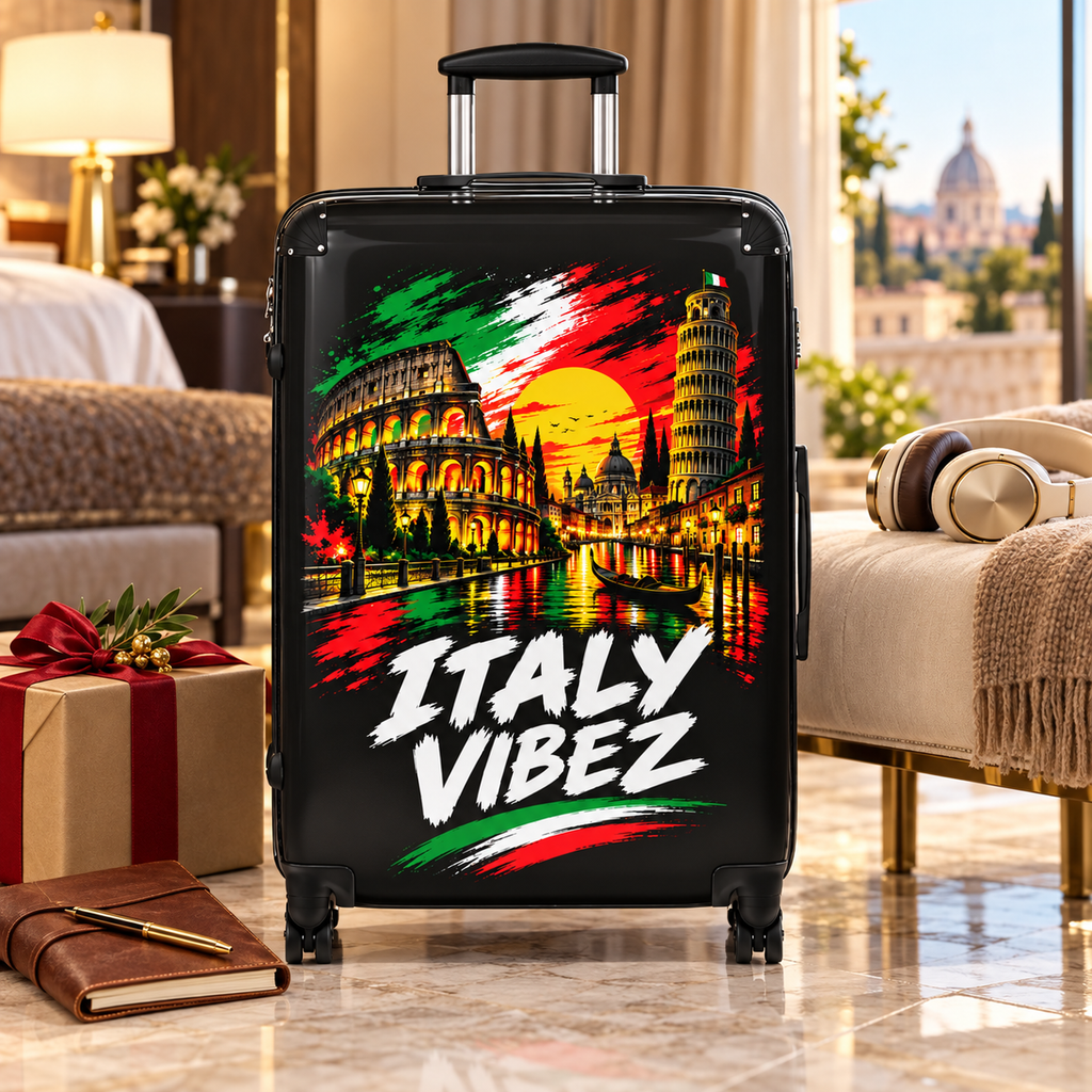 Italy Vibez Hard Shell Suitcase, Italian Flag & Landmark Spinner Luggage, Rome Venice Pisa Design, Travel Gift
