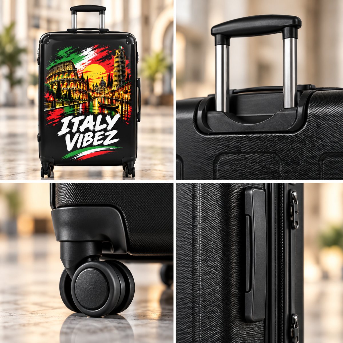 Italy Vibez Hard Shell Suitcase, Italian Flag & Landmark Spinner Luggage, Rome Venice Pisa Design, Travel Gift