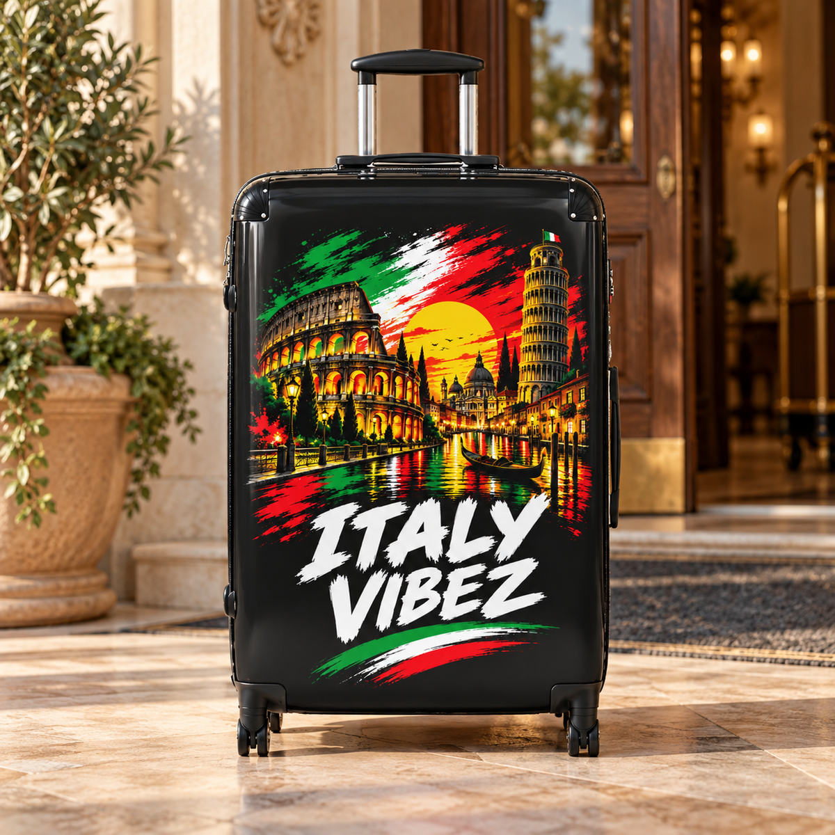 Italy Vibez Hard Shell Suitcase, Italian Flag & Landmark Spinner Luggage, Rome Venice Pisa Design, Travel Gift