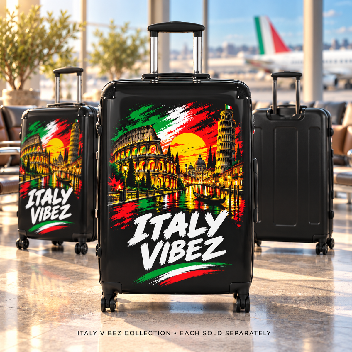Italy Vibez Hard Shell Suitcase, Italian Flag & Landmark Spinner Luggage, Rome Venice Pisa Design, Travel Gift