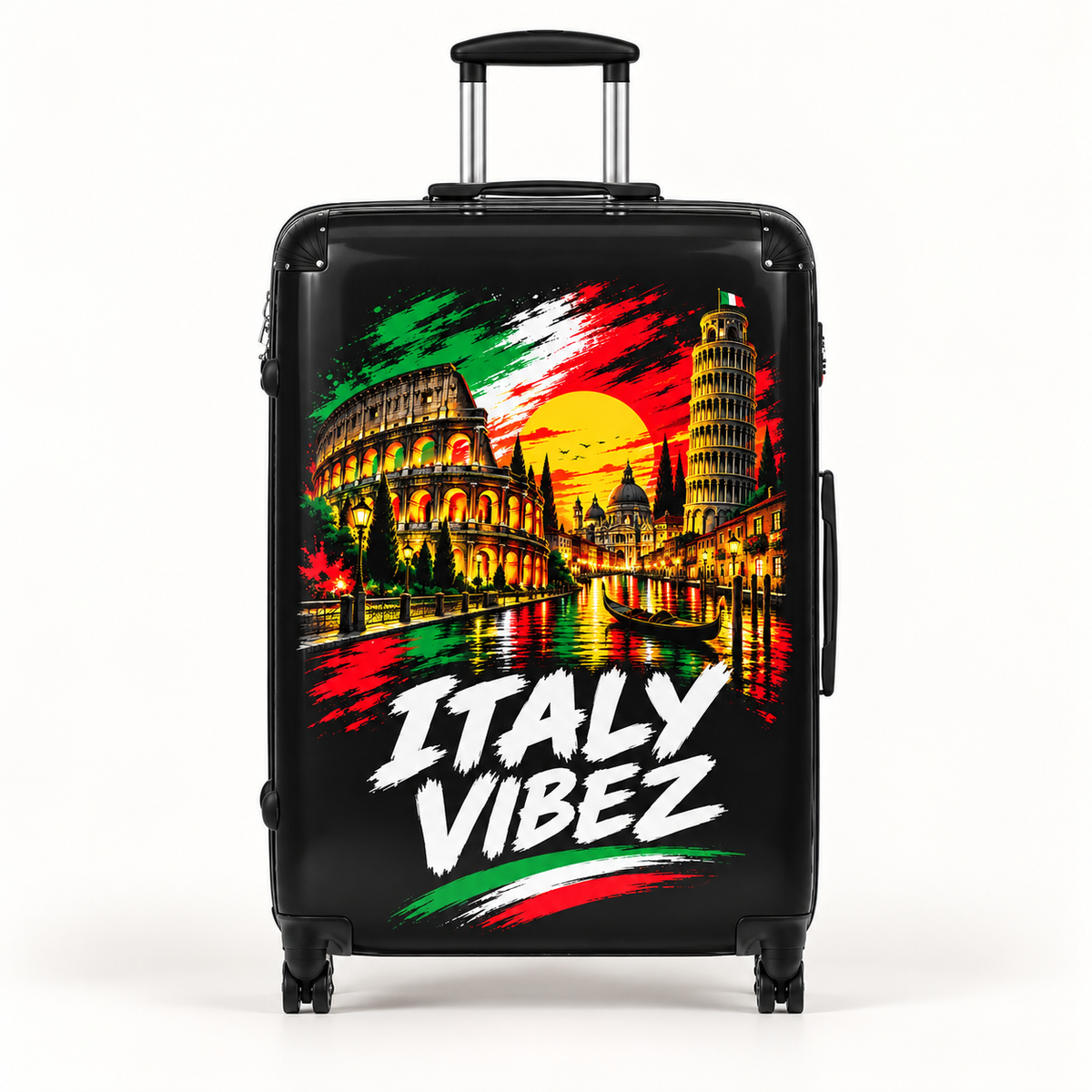Italy Vibez Hard Shell Suitcase, Italian Flag & Landmark Spinner Luggage, Rome Venice Pisa Design, Travel Gift