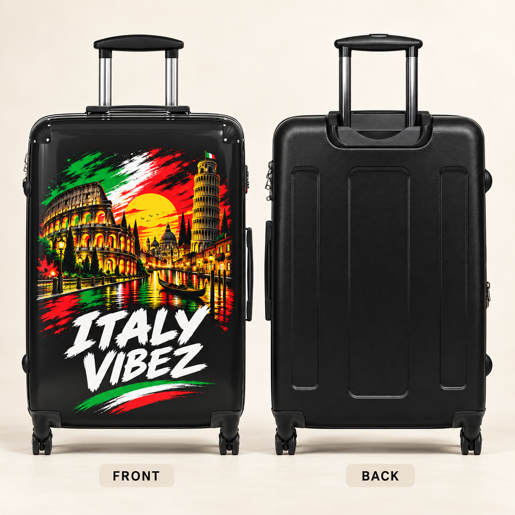 Italy Vibez Hard Shell Suitcase, Italian Flag & Landmark Spinner Luggage, Rome Venice Pisa Design, Travel Gift