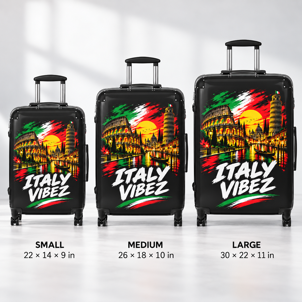 Italy Vibez Hard Shell Suitcase, Italian Flag & Landmark Spinner Luggage, Rome Venice Pisa Design, Travel Gift