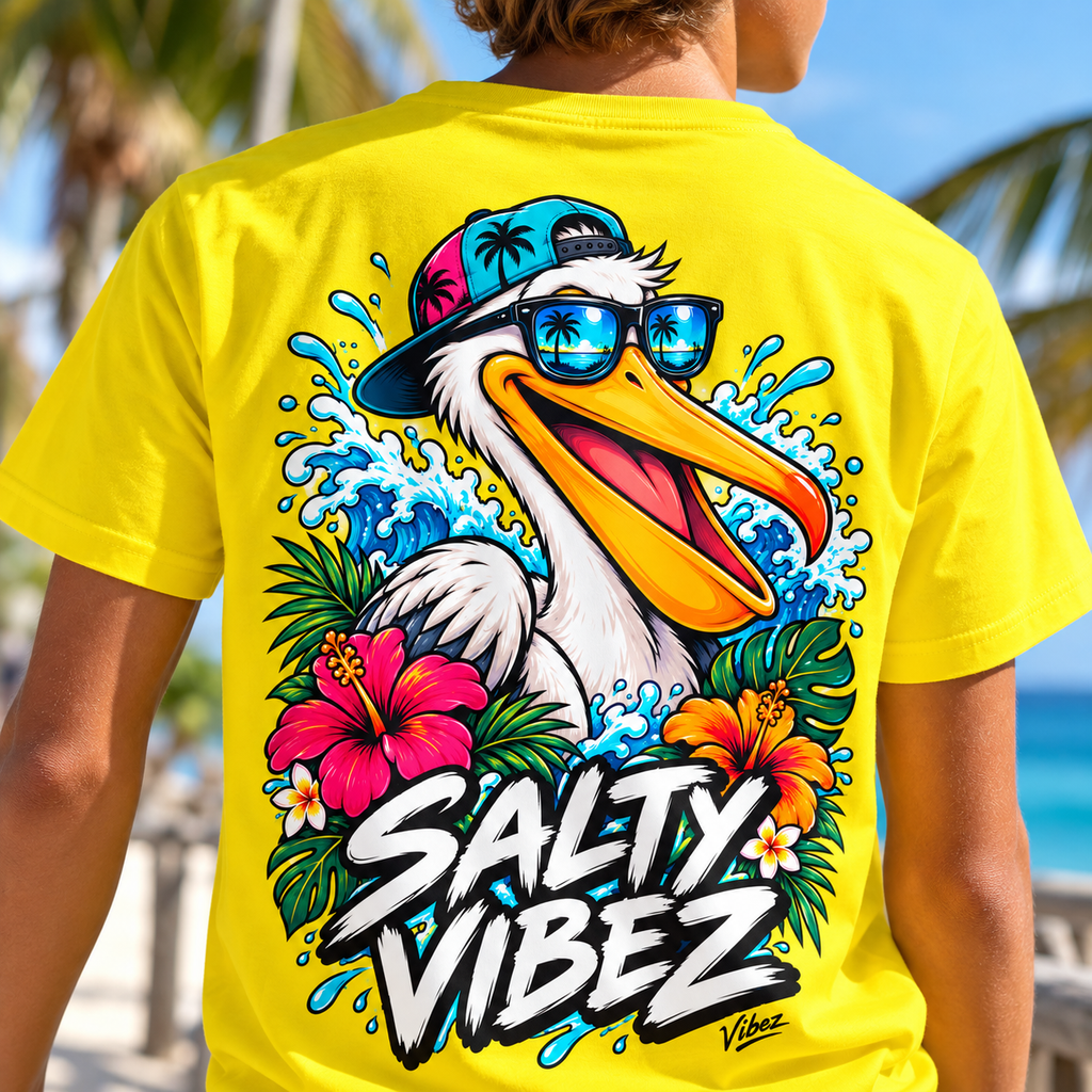 Salty Vibez Pelican Tee, Kids Jersey | Tropical Beach Surf Design